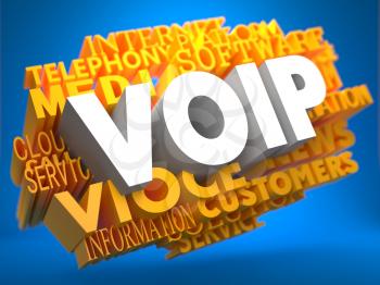 VOIP - White Text on Yellow WordCloud on Blue Background.