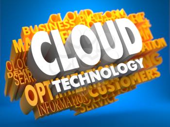 Cloud Technology - White Color Text on Yellow WordCloud on Blue Background.