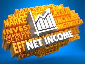 Net Income with Growth Chart Icon on Yellow WordCloud on Blue Background.