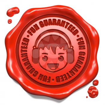 Fun Guaranteed Slogan with Happy Boy with Headphones Icon - Stamp on Red Wax Seal Isolated on White. Sound, Music Concept.