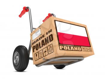 Cardboard Box with Flag of Poland and Made in Poland Slogan on Hand Truck White Background. Free Shipping Concept.
