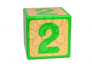 Number 2 on Green Wooden Childrens Alphabet Block Isolated on White. Educational Concept.