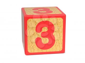 Number 3 on Red Wooden Childrens Alphabet Block Isolated on White. Educational Concept.