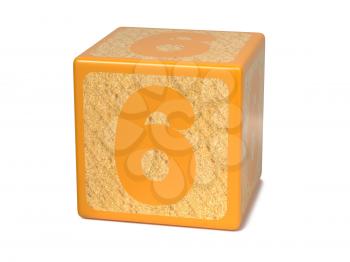 Number 6 on Orange Wooden Childrens Alphabet Block Isolated on White. Educational Concept.