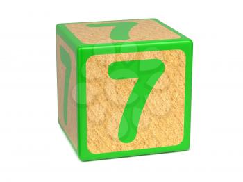 Number 7 on Green Wooden Childrens Alphabet Block Isolated on White. Educational Concept.