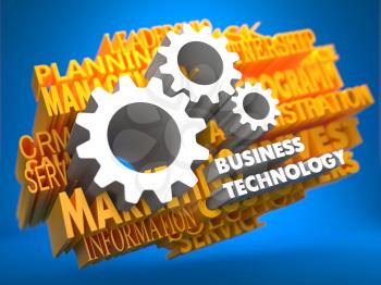 Business Technology with Cogwheel Gear Mechanism Icon on Yellow WordCloud on Blue Background.