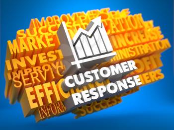 Customer Response with Growth Chart Icon on Yellow WordCloud on Blue Background.