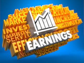 Earnings with Growth Chart Icon on Yellow WordCloud on Blue Background.