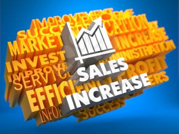 Sales Increase with Growth Chart Icon on Yellow WordCloud on Blue Background.