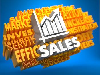 Sales with Growth Chart Icon on Yellow WordCloud on Blue Background.