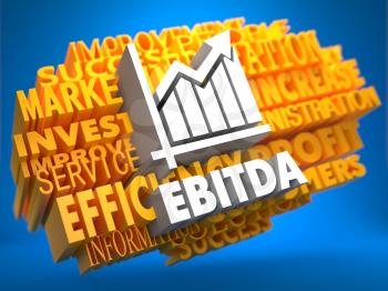 EBITDA with Growth Chart Icon on Yellow WordCloud on Blue Background.