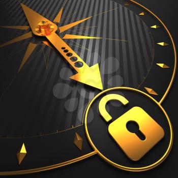 Golden Icon of Opened Padlock on Black Compass. Security Concept.