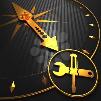 Service Concept - Icon of Crossed Screwdriver and Wrench - Golden Compass Needle on a Black Field Pointing.