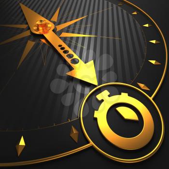 Golden Stopwatch Icon on Black Compass.