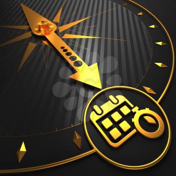 Golden Calendar with Stopwatch Icon on Black Compass.