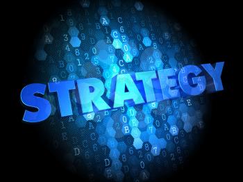 Strategy - the Word in Blue Color on Dark Digital Background.
