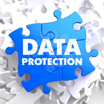 Data Protection on Blue Puzzle on White Background.