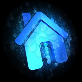 Blue Home Icon on Dark Digital Background.