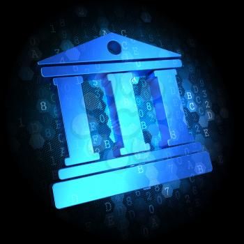 Blue Icon of Building with Columns on Dark Digital Background.