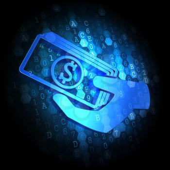 Blue Icon of Money in the Hand on Dark Digital Background.