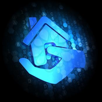 Blue Home in Hand Icon on Dark Digital Background.
