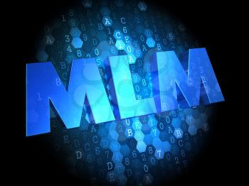 MLM - Multi-Level Marketing - Text in Blue Color on Dark Digital Background.