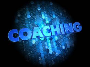 Coaching- Text in Blue Color on Dark Digital Background.