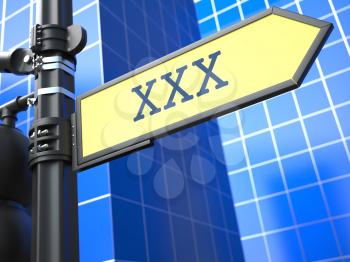XXX Concept on Yellow Roadsign on a blue urban background.