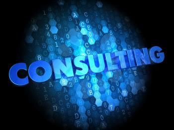 Consulting - Blue Color Text on Dark Digital Background.