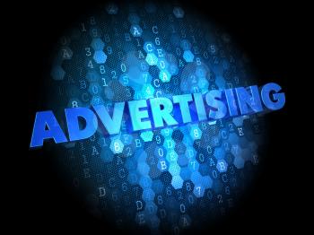Advertising - Blue Color Text on Dark Digital Background.