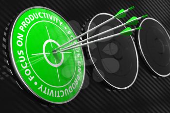 Focus on Productivity Slogan. Three Arrows Hitting the Center of Green Target on Black Background.