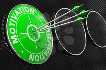 Motivation - Three Arrows Hitting the Center of Green Target on Black Background.