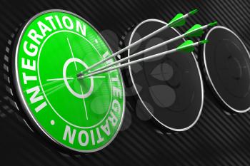 Integration - Three Arrows Hitting the Center of Green Target on Black Background.