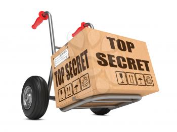 Cardboard Box with Top Secret Slogan on Hand Truck Isolated on White.