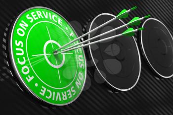Focus on Service Slogan. Three Arrows Hitting the Center of Green Target on Black Background.
