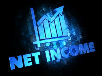 Net Income with Growth Chart Icon - Blue Color Text on Dark Digital Background.
