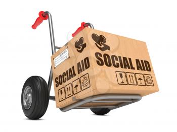 Social Aid Slogan on Cardboard Box on Hand Truck White Background.