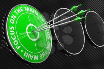 Focus on the Main Slogan. Three Arrows Hitting the Center of Green Target on Black Background.