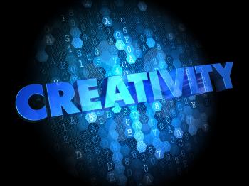 Creativity  - Blue Color Text on Digital Background.