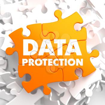 Data Protection on Orange Puzzle on White Background.