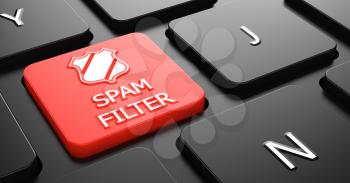 Spam Filter with Shield Icon - Red Button on Black Computer Keyboard.