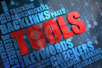 Tools - Red Main Word with Blue Wordcloud on Digital Background.