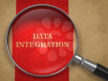 Data Integration concept. Magnifying Glass on Old Paper with Red Vertical Line Background.