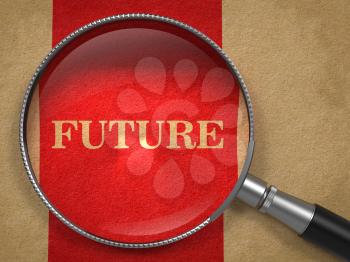 Future concept. Magnifying Glass on Old Paper with Red Vertical Line Background.
