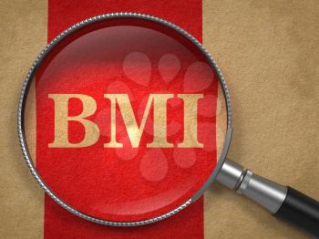 BMI concept. Magnifying Glass on Old Paper with Red Vertical Line Background.