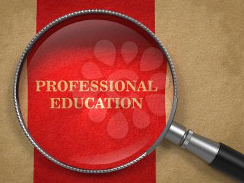 Professional Education concept. Magnifying Glass on Old Paper with Red Vertical Line Background.