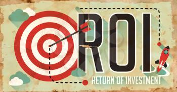 ROI Concept. Grunge Poster on Old Paper in Flat Design with Long Shadows.