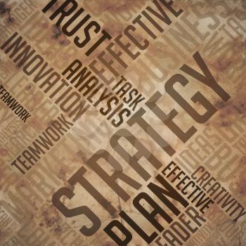 Strategy - Grunge Wordcloud Concept on Brown Background.