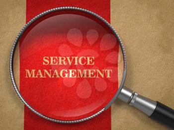 Service Management Concept. Magnifying Glass on Old Paper with Red Vertical Line Background.