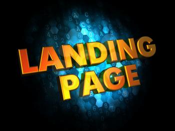 Landing Page Concept - Golden Color Text on Dark Blue Digital Background.